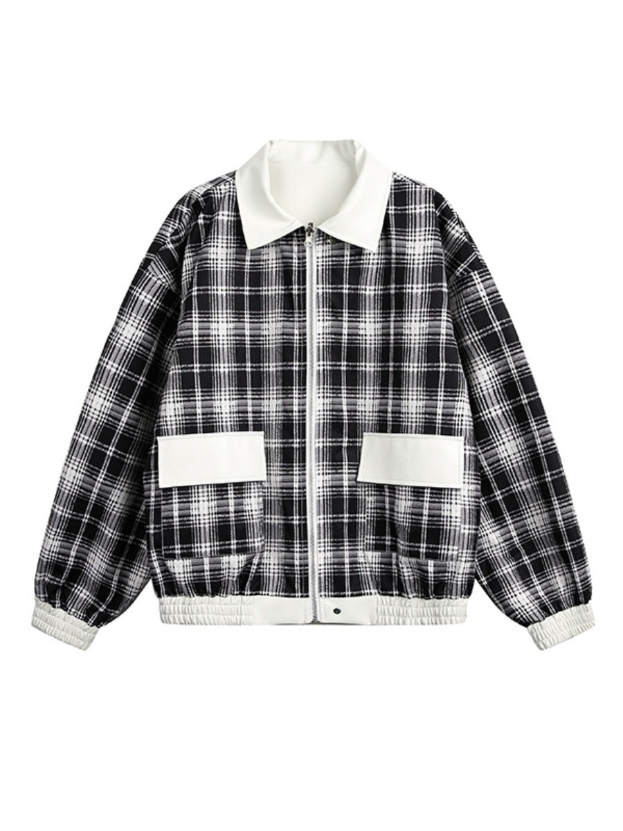 Genuine leather jacket with plaid lining, reversible lapel leather jacket