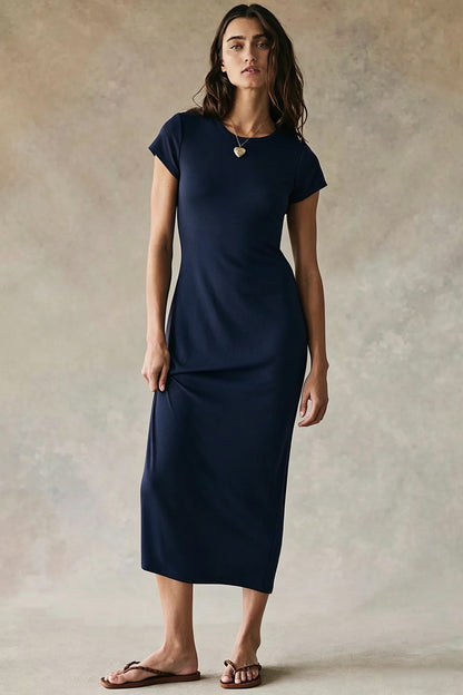 Ladies' solid color short-sleeved round neck slim-fit bodycon dress - BundleWear