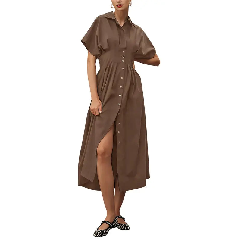 Women's Button-Down Shirt Dress - Short-Sleeve, Loose, Pleated Maxi Sundress with Pockets, Basic Casual Wear for Summer