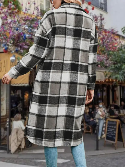 Ladies' Colorblock Plaid Print Button Front Drop Shoulder Coat