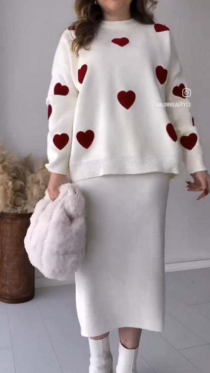 Ladies' Solid Color Hearth Embroidery Round Neck Drop Shoulder Pullover & Sweater Pants Set