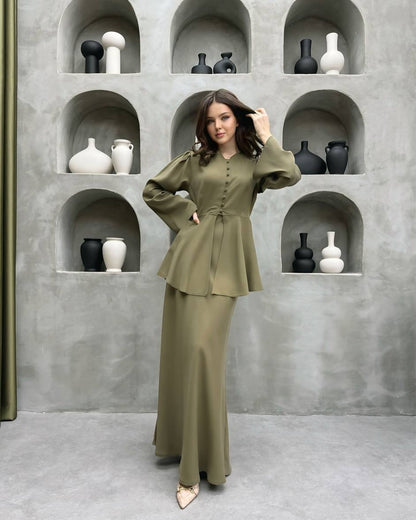 Grass green peplum cardigan and maxi dress two-piece set, full-length front view