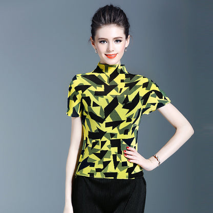 BundleWear™ Art-Print Pleated Tee | Micro-Pleated Mock Neck & Oil-Painting Floral Top