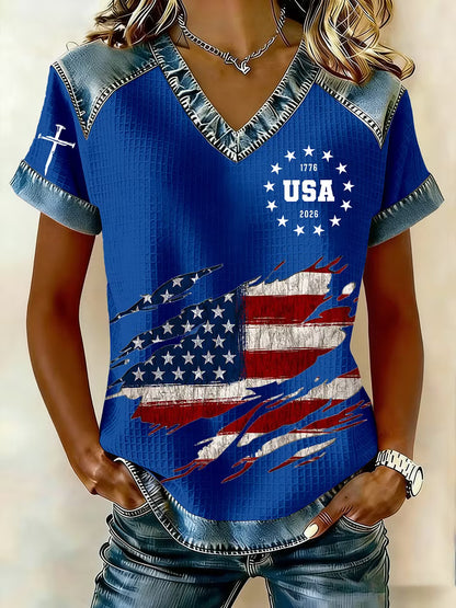 Women's 250th America Anniversary Casual Printed Waffle Knit Short-Sleeved T-Shirt - BundleWear