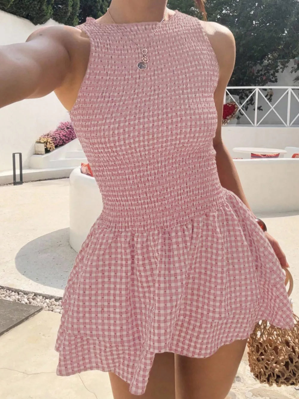 Gingham Smocked Mini Dress - BundleWear