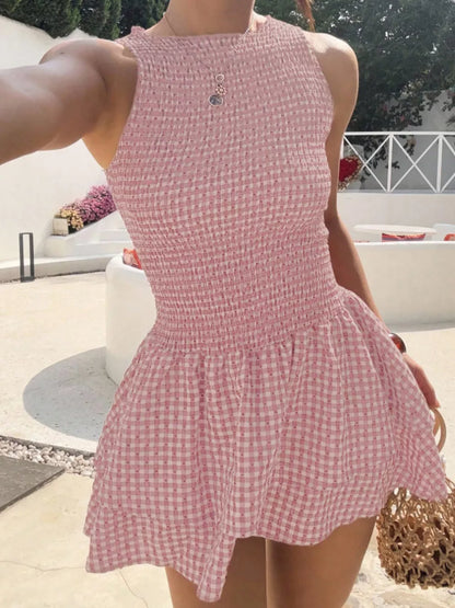 Gingham Smocked Mini Dress - BundleWear