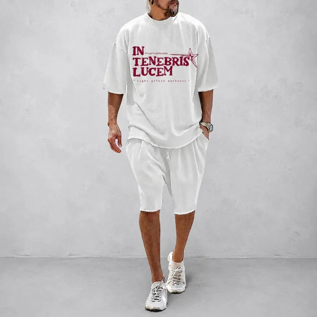 IN TENEBRIS LUCEM distressed tee & shorts set white