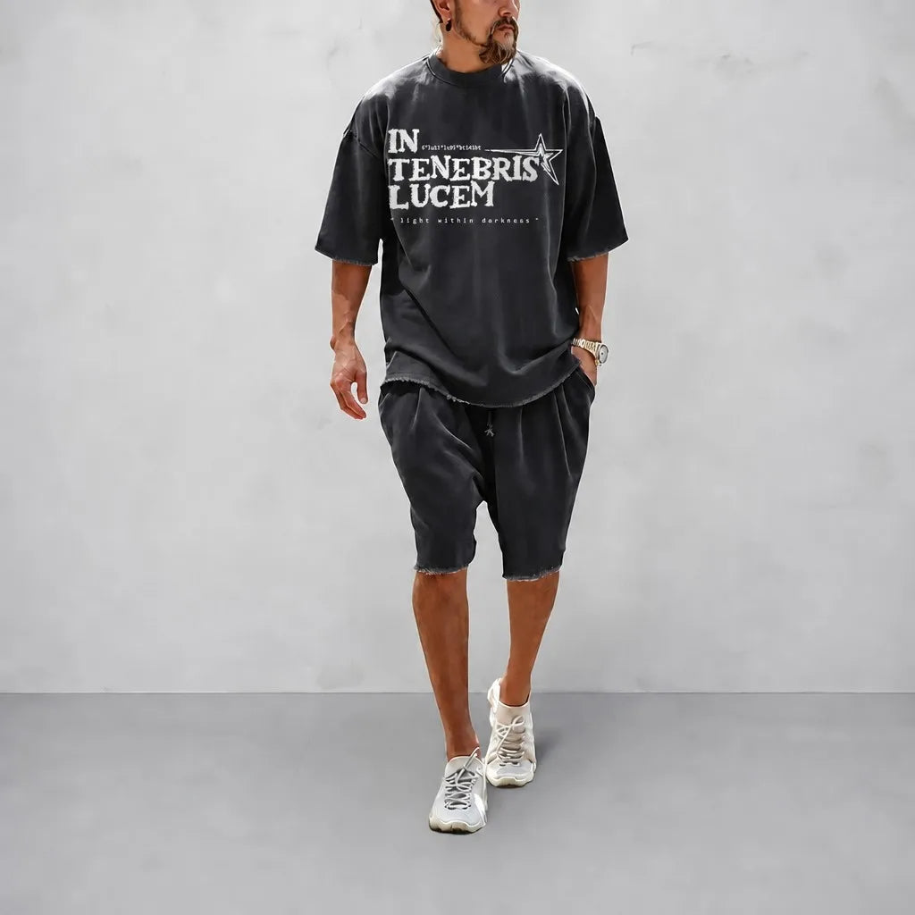 IN TENEBRIS LUCEM distressed tee & shorts set charcoal grey