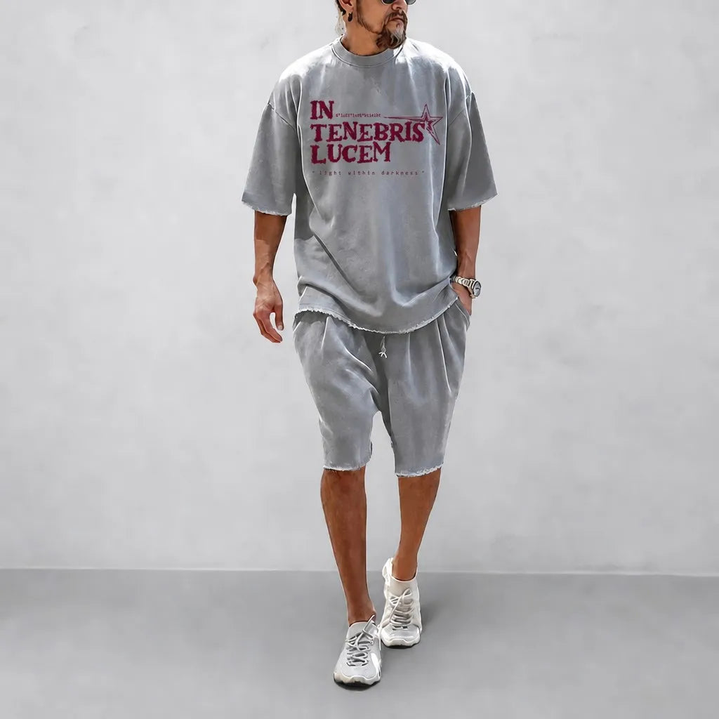 IN TENEBRIS LUCEM distressed tee & shorts set stonewash grey