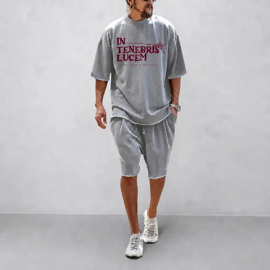 IN TENEBRIS LUCEM distressed tee & shorts set stonewash grey