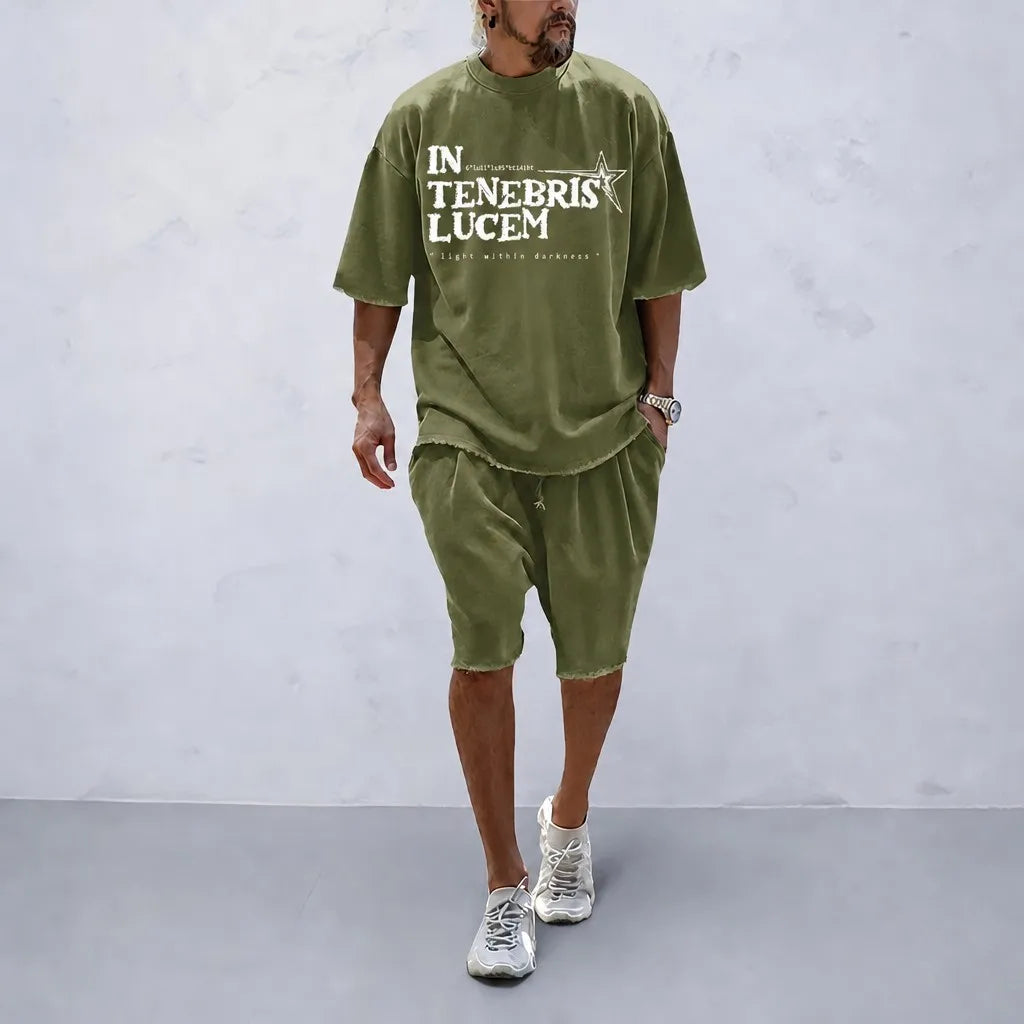 IN TENEBRIS LUCEM distressed tee & shorts set olive green
