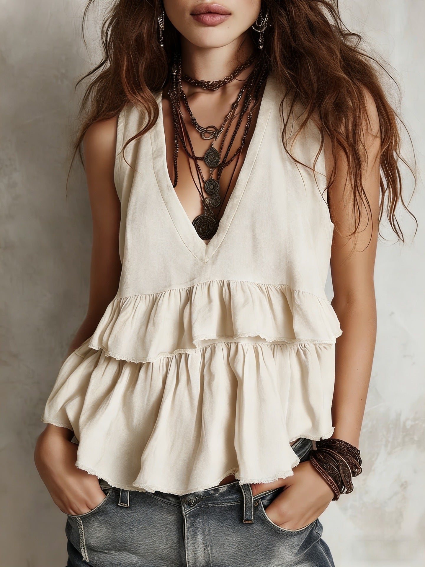 Cotton and linen vest, simple and elegant V-neck sleeveless top - BundleWear