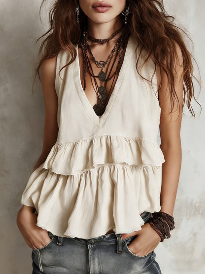 Cotton and linen vest, simple and elegant V-neck sleeveless top - BundleWear