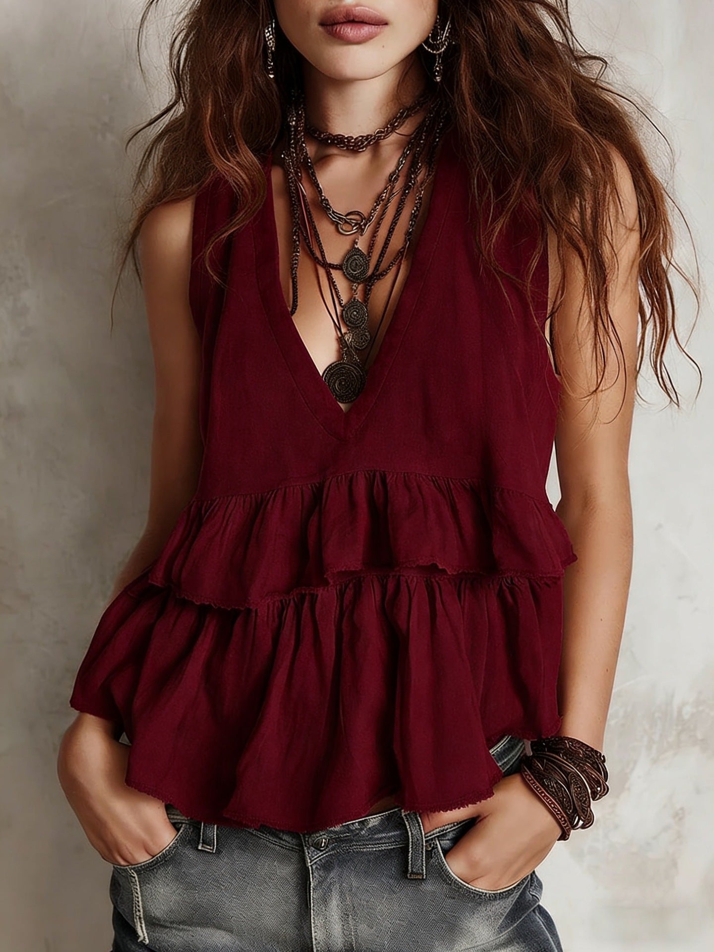 Cotton and linen vest, simple and elegant V-neck sleeveless top - BundleWear