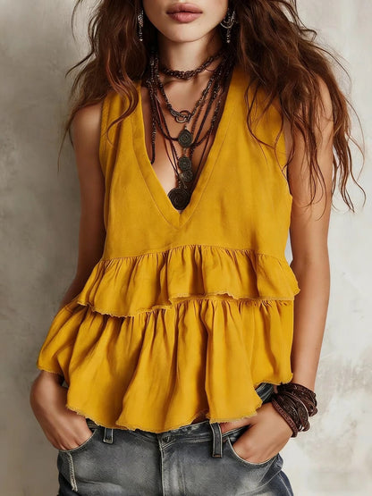 Cotton and linen vest, simple and elegant V-neck sleeveless top - BundleWear