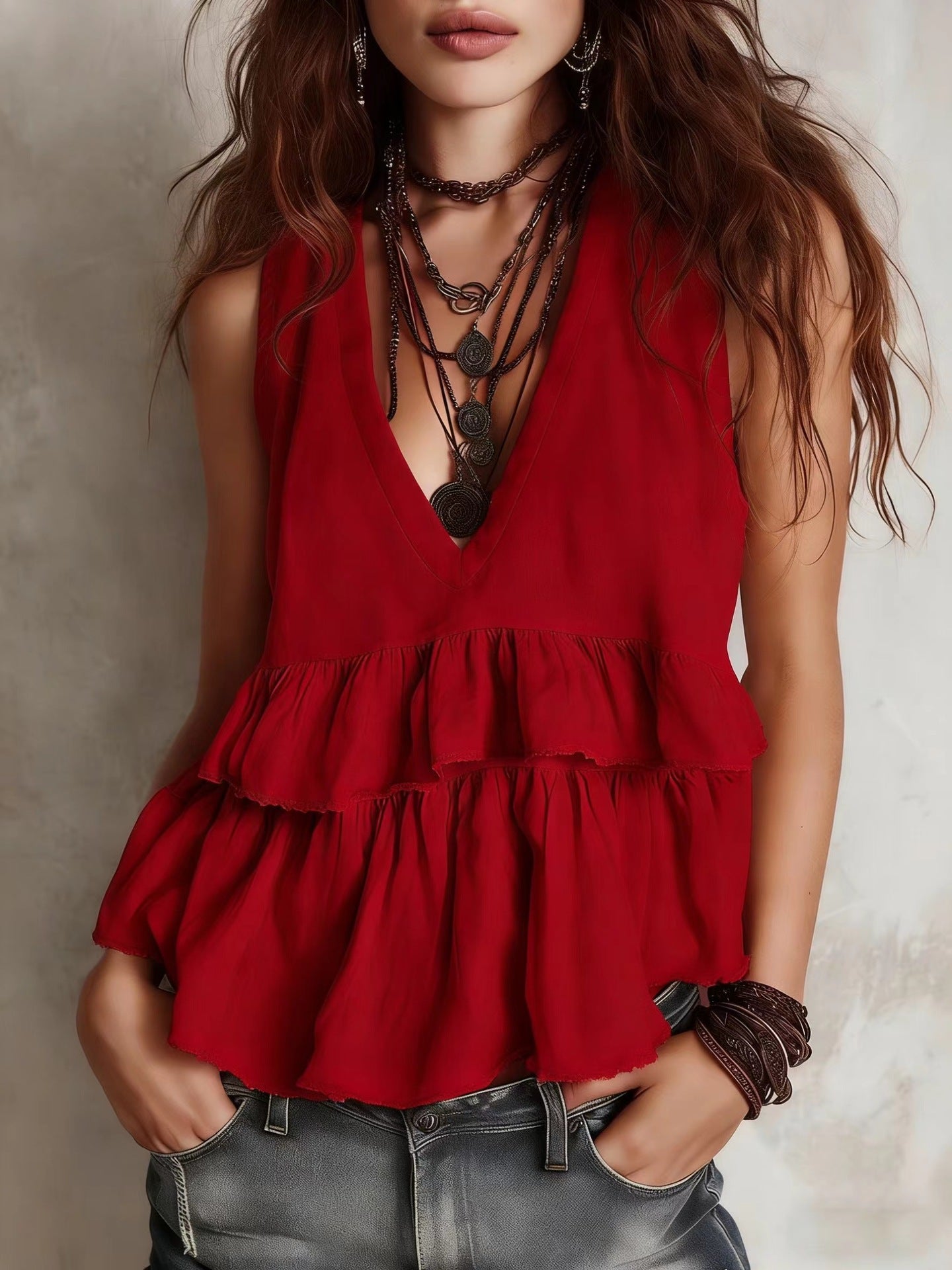 Cotton and linen vest, simple and elegant V-neck sleeveless top - BundleWear