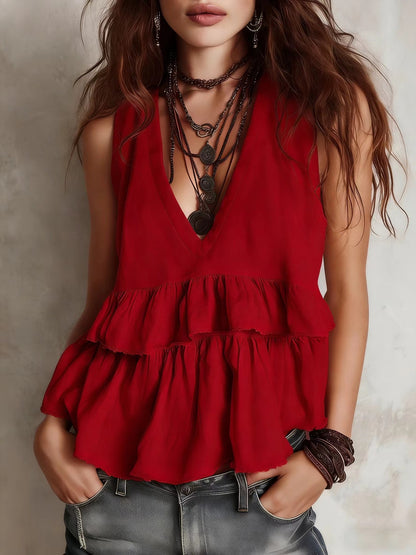 Cotton and linen vest, simple and elegant V-neck sleeveless top - BundleWear