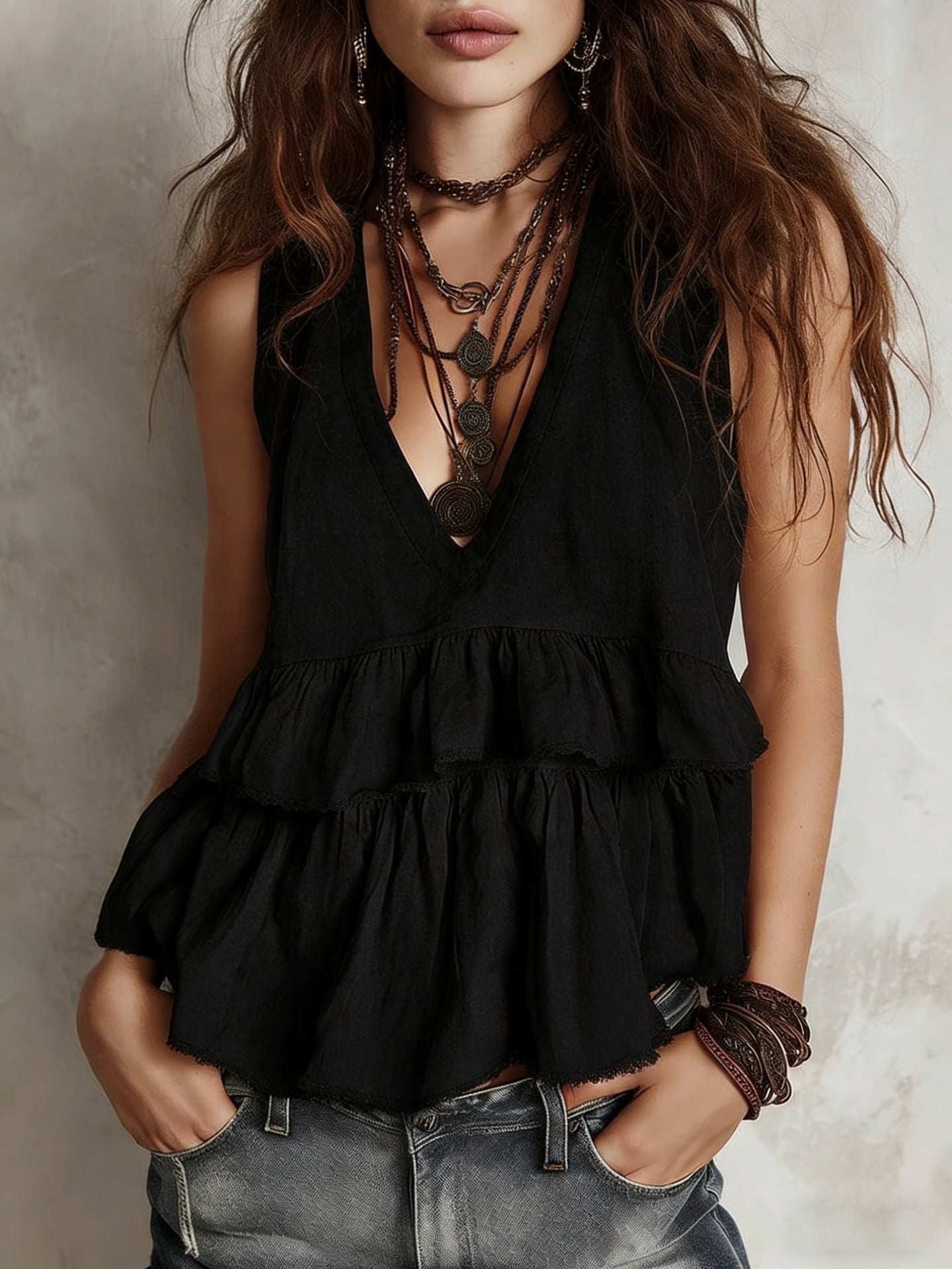 Cotton and linen vest, simple and elegant V-neck sleeveless top - BundleWear