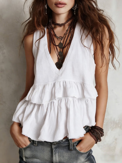Cotton and linen vest, simple and elegant V-neck sleeveless top - BundleWear