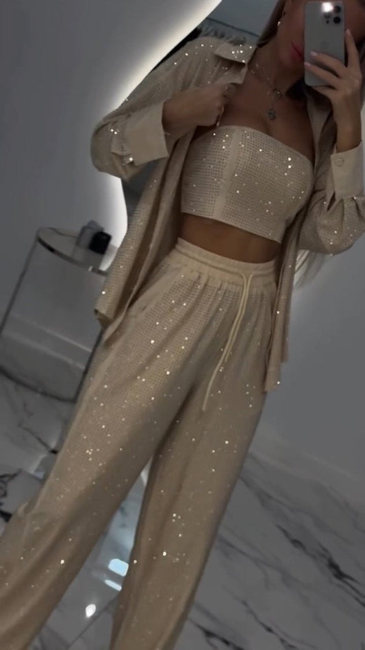 Women's Casual Three Piece Lapel Rhinestone Suit