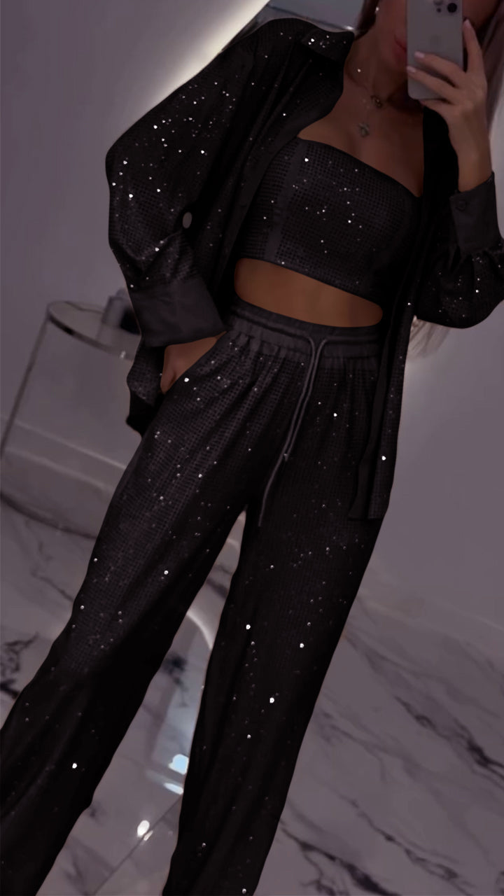 Women's Casual Three Piece Lapel Rhinestone Suit
