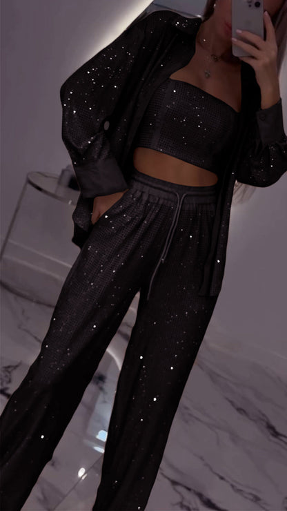 Women's Casual Three Piece Lapel Rhinestone Suit