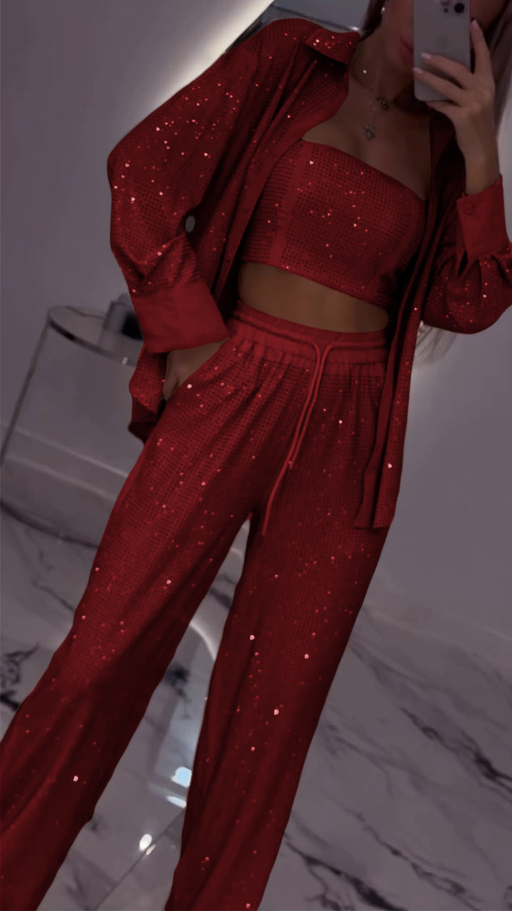 Women's Casual Three Piece Lapel Rhinestone Suit