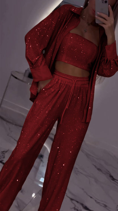 Women's Casual Three Piece Lapel Rhinestone Suit