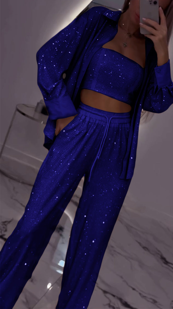 Women's Casual Three Piece Lapel Rhinestone Suit