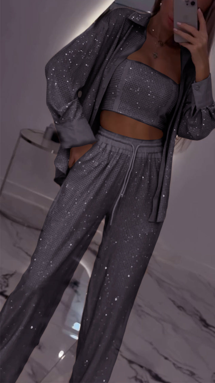 Women's Casual Three Piece Lapel Rhinestone Suit