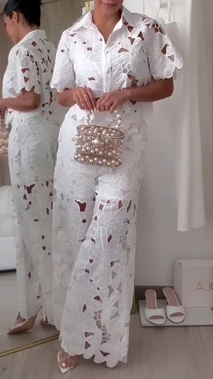 Elegant Two Piece Set with Openwork Lace and Lapel for Women – Casual Chic Style ✨