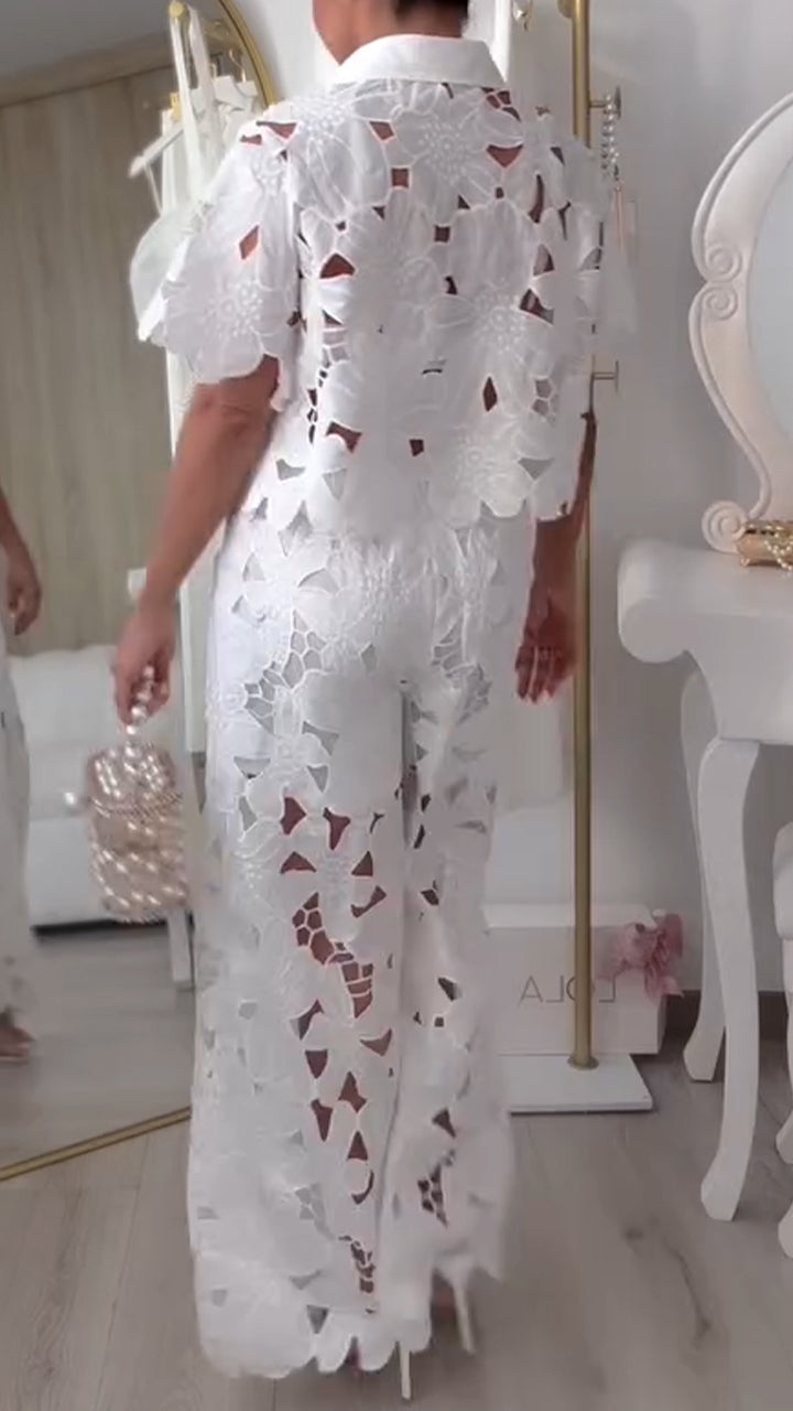 Elegant Two Piece Set with Openwork Lace and Lapel for Women – Casual Chic Style ✨
