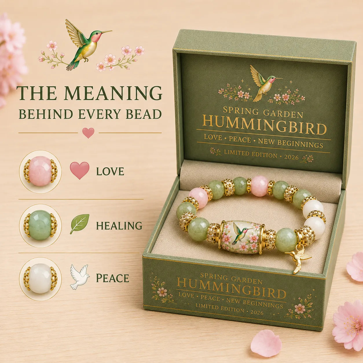 Symbolic Healing Beaded Bracelet - Hummingbird Charm for Hope & Resilience - 2026 Love & Peace Edition