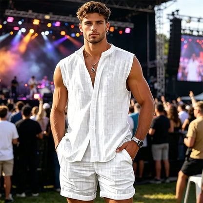 ✨ Men's Breathable Summer 2-Piece Set 👕 Textured Sleeveless Button-Down & Drawstring Shorts - Beach & Resort Wear