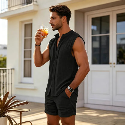 ✨ Men's Breathable Summer 2-Piece Set 👕 Textured Sleeveless Button-Down & Drawstring Shorts - Beach & Resort Wear