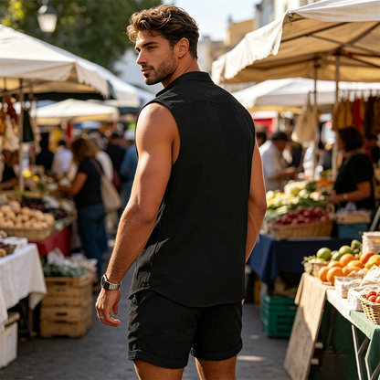 ✨ Men's Breathable Summer 2-Piece Set 👕 Textured Sleeveless Button-Down & Drawstring Shorts - Beach & Resort Wear