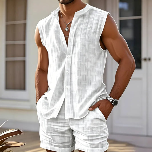 ✨ Men's Breathable Summer 2-Piece Set 👕 Textured Sleeveless Button-Down & Drawstring Shorts - Beach & Resort Wear
