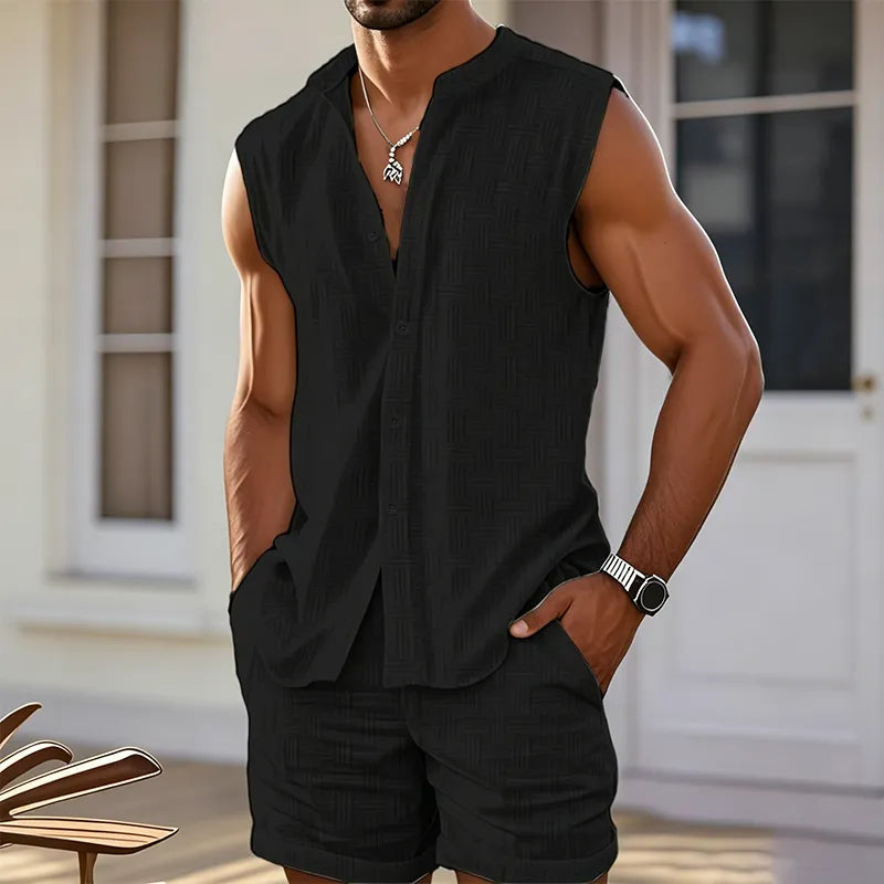 ✨ Men's Breathable Summer 2-Piece Set 👕 Textured Sleeveless Button-Down & Drawstring Shorts - Beach & Resort Wear