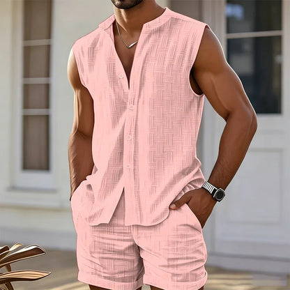 ✨ Men's Breathable Summer 2-Piece Set 👕 Textured Sleeveless Button-Down & Drawstring Shorts - Beach & Resort Wear