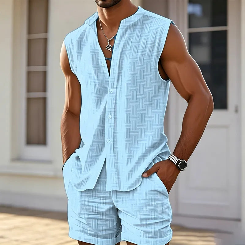 ✨ Men's Breathable Summer 2-Piece Set 👕 Textured Sleeveless Button-Down & Drawstring Shorts - Beach & Resort Wear