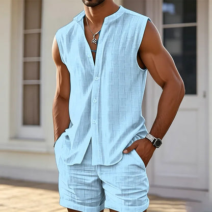 ✨ Men's Breathable Summer 2-Piece Set 👕 Textured Sleeveless Button-Down & Drawstring Shorts - Beach & Resort Wear