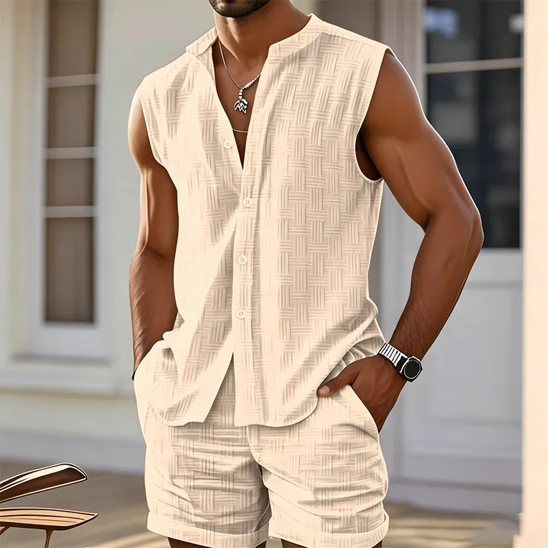 ✨ Men's Breathable Summer 2-Piece Set 👕 Textured Sleeveless Button-Down & Drawstring Shorts - Beach & Resort Wear