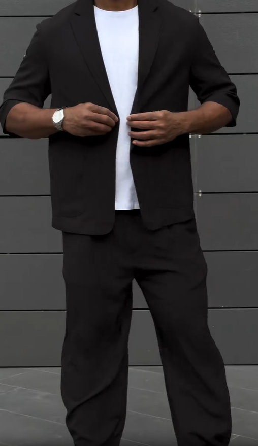 BundleWear™ Zen Linen-Mist Set | 3/4 Sleeve Single-Button Blazer & Relaxed Trousers