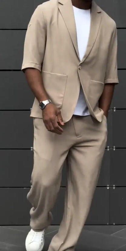 BundleWear™ Zen Linen-Mist Set | 3/4 Sleeve Single-Button Blazer & Relaxed Trousers