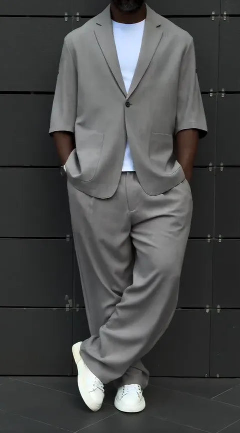 BundleWear™ Zen Linen-Mist Set | 3/4 Sleeve Single-Button Blazer & Relaxed Trousers