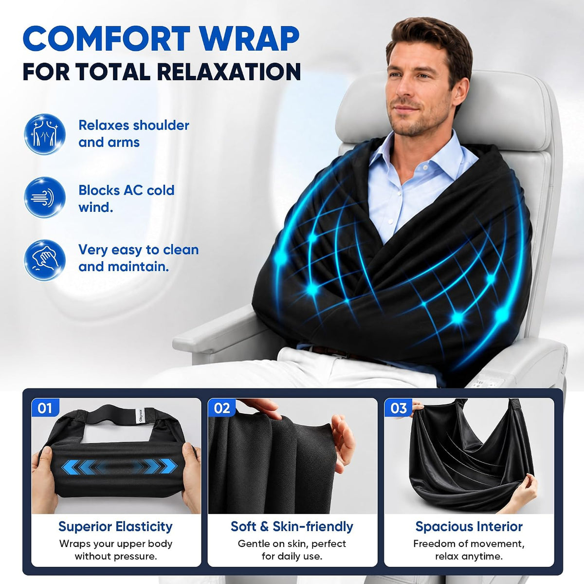 Comfort wrap detail showing the stretch fabric, shoulder coverage and carry-strap bag
