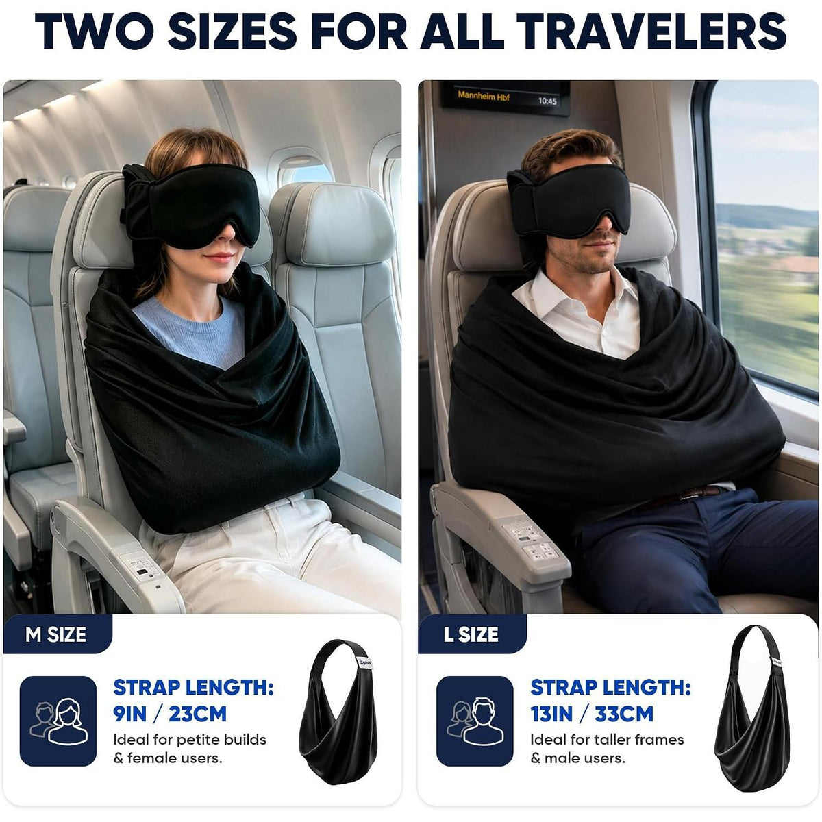 Size comparison for the travel sleep kit, M with a 23 cm strap and L with a 33 cm strap