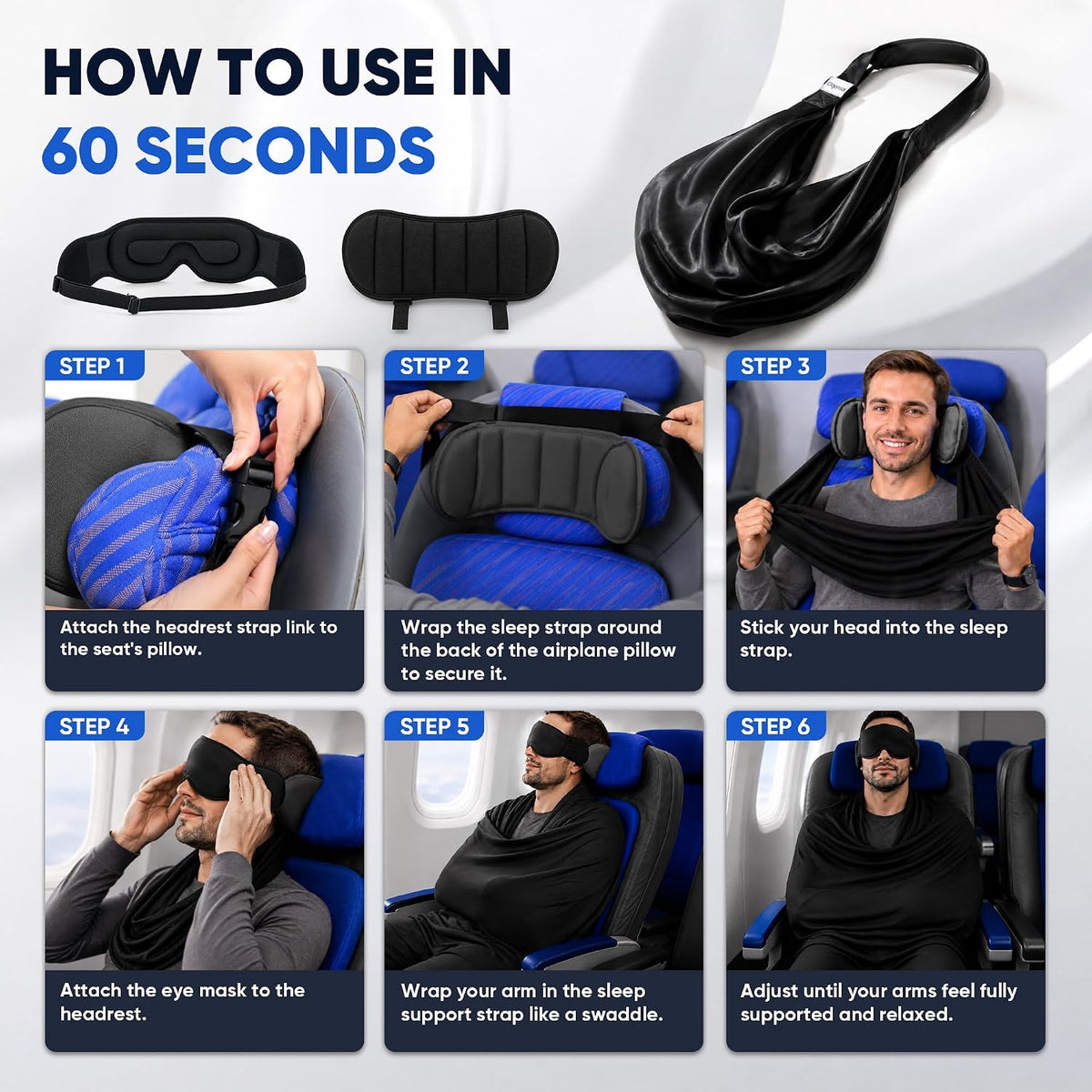 Six-step setup guide showing the travel sleep kit attached to an airplane seat in 60 seconds