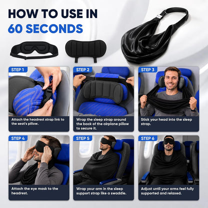Six-step setup guide showing the travel sleep kit attached to an airplane seat in 60 seconds