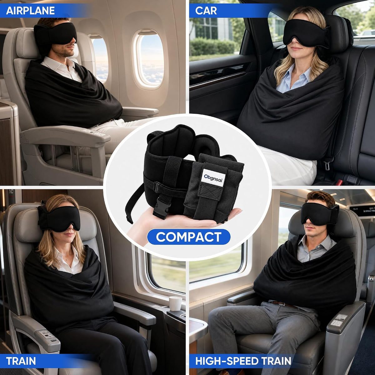 Travel sleep kit used on an airplane, in a car and on a train, shown folded into its carry strap